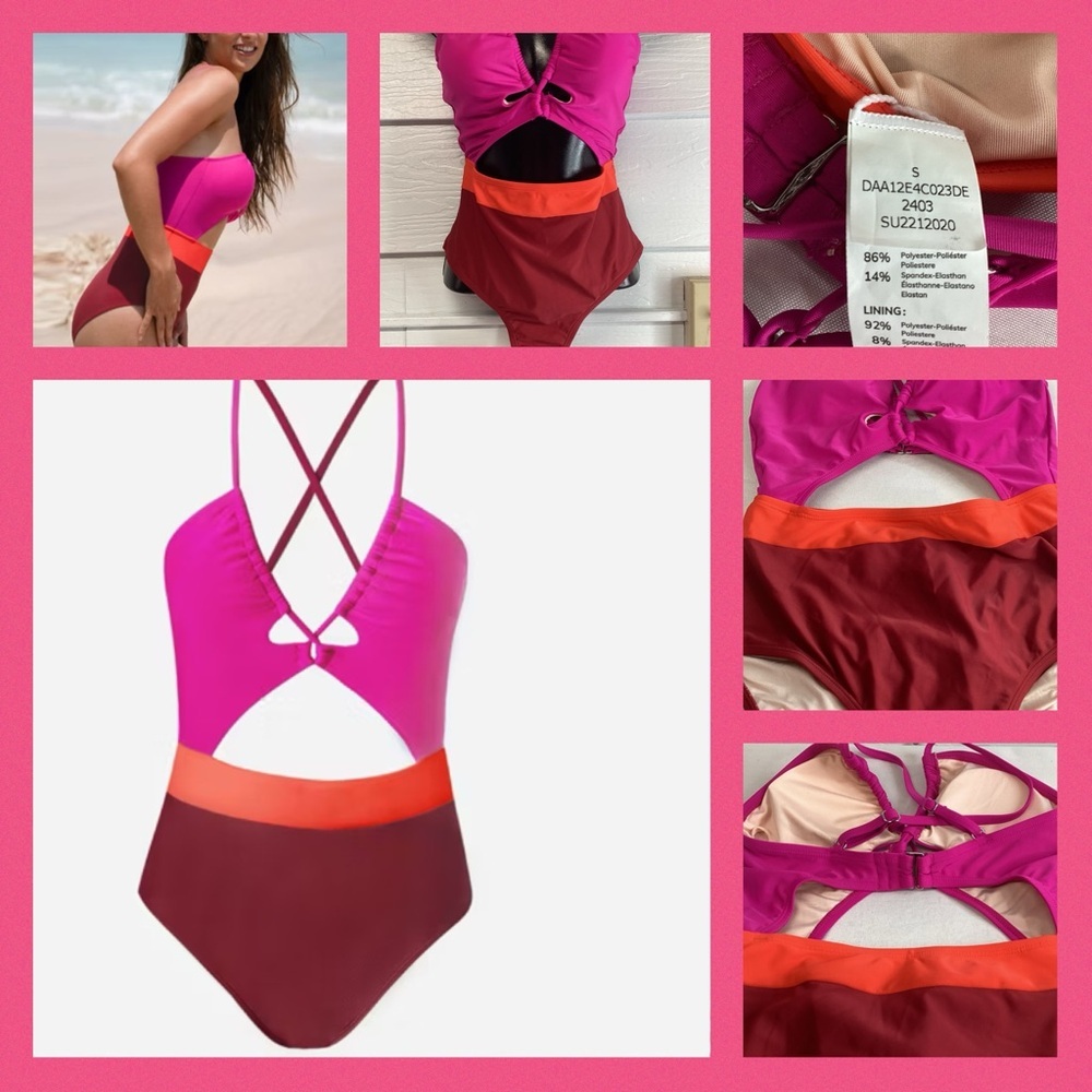 Pink with red bottoms one piece swimsuit. 4 - Picture 4 of 6